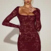Robe Darla en dentelle ajourée festonnée à manches longues, couleur rouge vin Robe Darla en dentelle ajourée festonnée à manches longues, couleur rouge vin