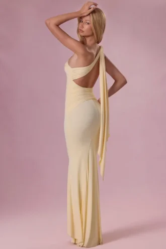 Robe de demoiselle d&rsquo;honneur Annelise en jersey, couleur jaune beurre