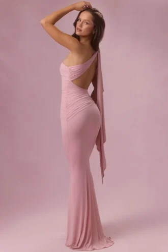 Robe de demoiselle d&rsquo;honneur Annelise en jersey rose poudré