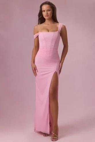 Robe de demoiselle d&rsquo;honneur drapée en maille Naelle, rose bonbon