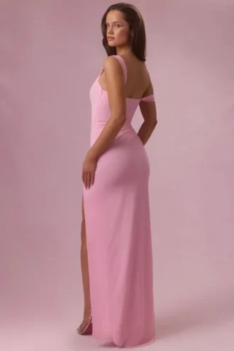 Robe de demoiselle d&rsquo;honneur drapée en maille Naelle, rose bonbon