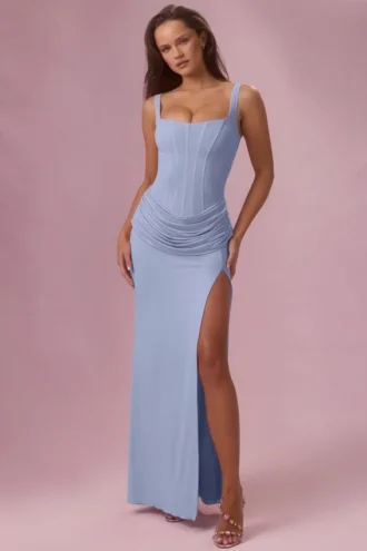 Robe de demoiselle d&rsquo;honneur drapée en maille Rosina, bleu poudré