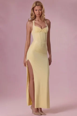 Robe de demoiselle d&rsquo;honneur en jersey et corset Olivette, couleur jaune beurre