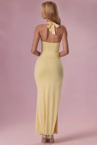 Robe de demoiselle d&rsquo;honneur en jersey et corset Olivette, couleur jaune beurre