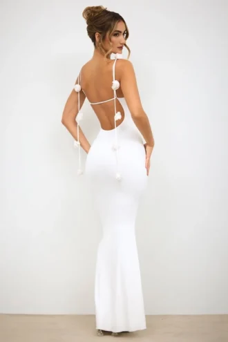 Robe de soirée Aldona en jersey moulant avec détails roses, couleur blanc