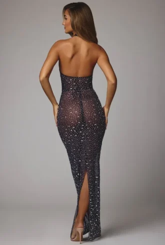 Robe de soirée à col haut et ornements transparents Soraya, bleu marine