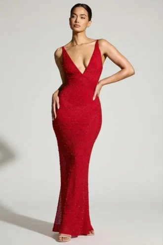 Robe de soirée Colmar à encolure plongeante et ornements, rouge