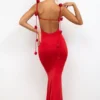 Robe de soirée en jersey moulant Aldona avec détails roses, rouge écarlate Robe de soirée en jersey moulant Aldona avec détails roses, rouge écarlate