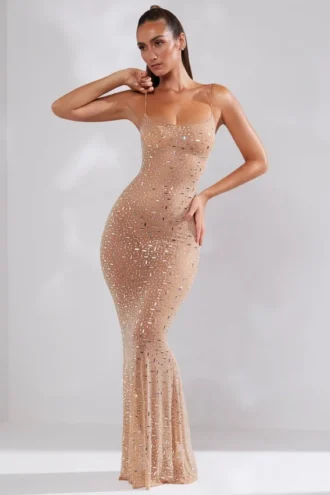 Robe de soirée à encolure dégagée et ornements transparents Antonella, couleur amande