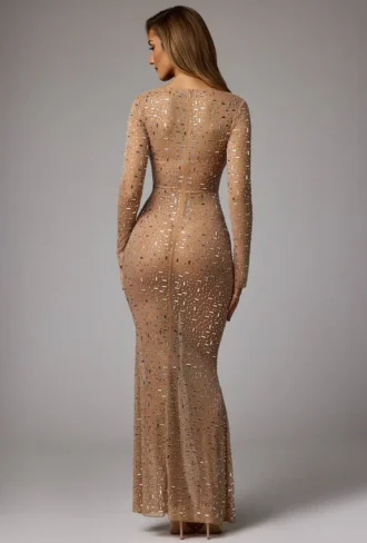 Robe de soirée Isabeau à manches longues, transparente et ornée, couleur amande