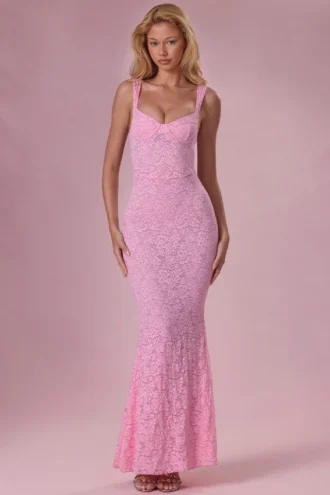 Robe de soirée Lillienne en dentelle à encolure en cœur, rose poudré
