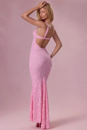 Robe de soirée Lillienne en dentelle à encolure en cœur, rose poudré