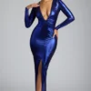 Robe de soirée à manches longues en jersey métallisé Safiya, bleu électrique Robe de soirée à manches longues en jersey métallisé Safiya, bleu électrique