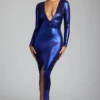 Robe de soirée à manches longues en jersey métallisé Safiya, bleu électrique Robe de soirée à manches longues en jersey métallisé Safiya, bleu électrique
