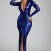 Robe de soirée à manches longues en jersey métallisé Safiya, bleu électrique Robe de soirée à manches longues en jersey métallisé Safiya, bleu électrique