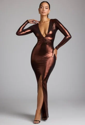 Robe de soirée Safiya à manches longues en jersey métallisé, couleur cuivre bronze