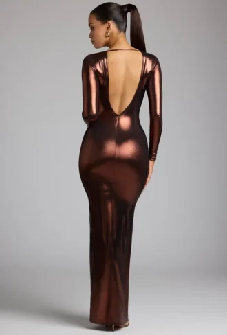 Robe de soirée Safiya à manches longues en jersey métallisé, couleur cuivre bronze
