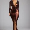 Robe de soirée Safiya à manches longues en jersey métallisé, couleur cuivre bronze Robe de soirée Safiya à manches longues en jersey métallisé, couleur cuivre bronze