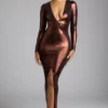 Robe de soirée Safiya à manches longues en jersey métallisé, couleur cuivre bronze Robe de soirée Safiya à manches longues en jersey métallisé, couleur cuivre bronze