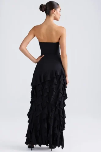 Robe de soirée sans bretelles Diletta à volants, en noir