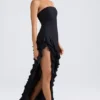 Robe de soirée sans bretelles Diletta à volants, en noir Robe de soirée sans bretelles Diletta à volants, en noir