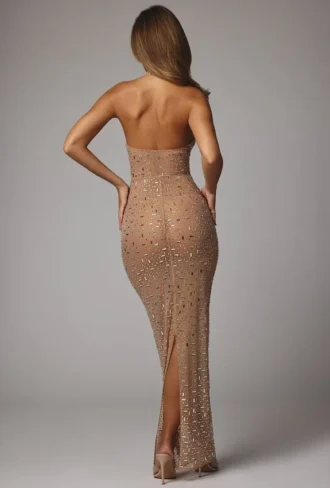 Robe de soirée Soraya à col haut, en maille transparente embellie, couleur amande