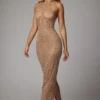 Robe de soirée Soraya à col haut, en maille transparente embellie, couleur amande Robe de soirée Soraya à col haut, en maille transparente embellie, couleur amande