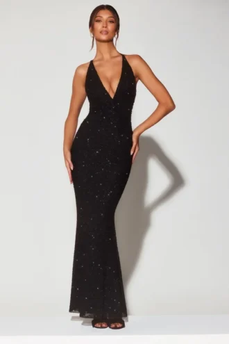 Robe de soirée Verona à encolure plongeante et dos nu, ornée de broderies, en noir