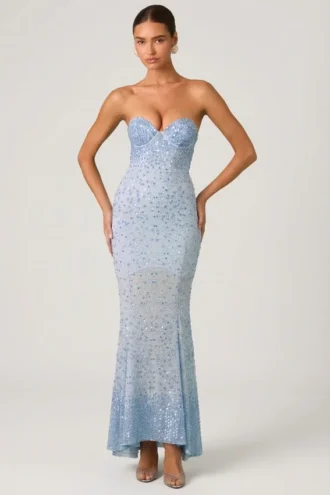 Robe de soirée Vesna à encolure en cœur et traîne en queue de poisson, bleu ciel