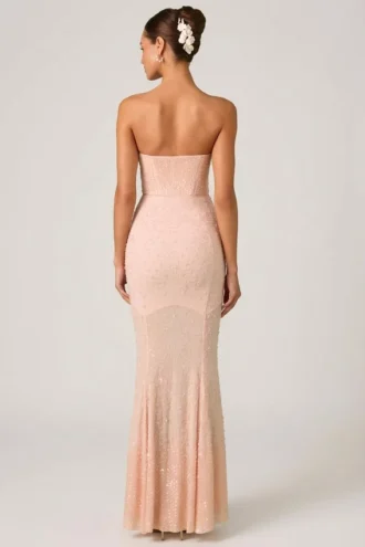 Robe de soirée Vesna à encolure en cœur et traîne en queue de poisson, ornée de paillettes, couleur rose poudré