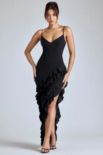 Robe de soirée à volants et empiècements Aurelie en noir