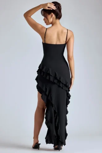 Robe de soirée à volants et empiècements Aurelie en noir