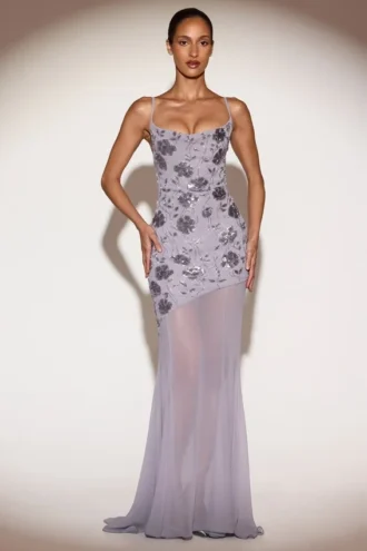 Robe dos nu à encolure en cœur ornée Amarelle, couleur lilas
