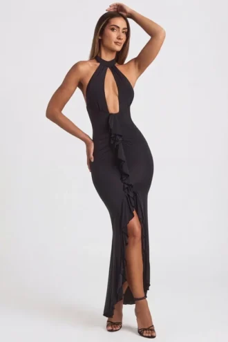 Robe dos nu à volants Apolline, couleur noire