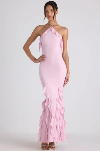 Robe dos nu à volants Mireya, rose pâle