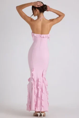 Robe dos nu à volants Mireya, rose pâle