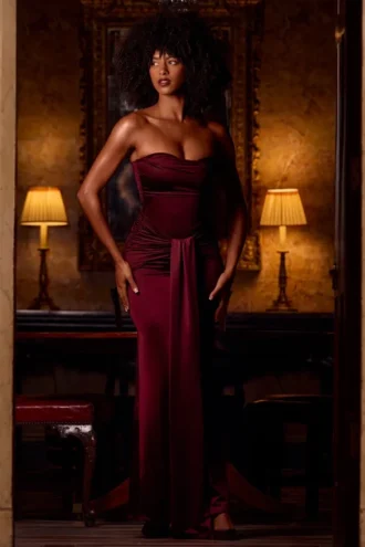 Robe drapée bandeau Aisra en satin rouge vin