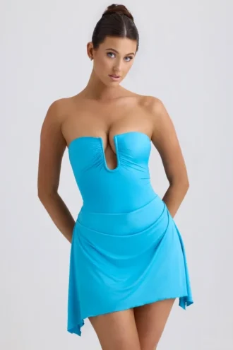 Robe Efia en jersey fluide drapé, coupe trapèze, bleu aqua