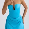 Robe Efia en jersey fluide drapé, coupe trapèze, bleu aqua Robe Efia en jersey fluide drapé, coupe trapèze, bleu aqua