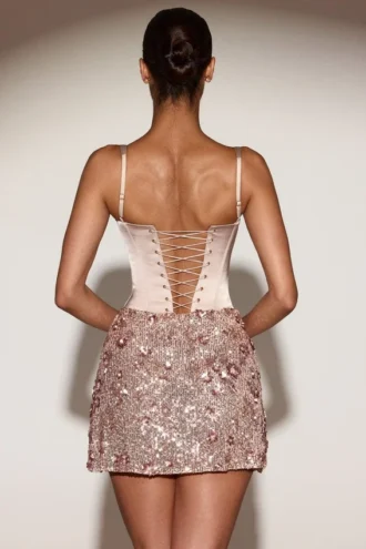 Robe Eira à corset en satin et jupe ornée, couleur or rose