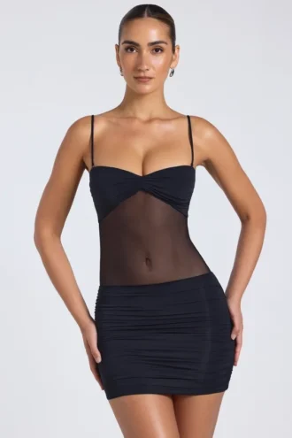 Robe Eislyn à empiècements transparents et fronces, en noir
