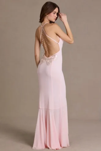 Robe Emmeline en mousseline à col bénitier et dos nu, rose pâle