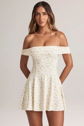 Robe Jaida en modal à épaules dénudées et coupe trapèze, imprimé floral
