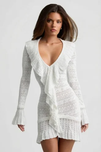Robe Jolessa en maille pointelle à volants, blanche