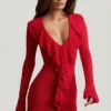 Robe Jolessa en maille pointelle à volants, rouge écarlate Robe Jolessa en maille pointelle à volants, rouge écarlate