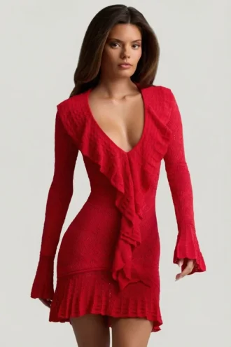 Robe Jolessa en maille pointelle à volants, rouge écarlate