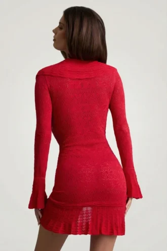 Robe Jolessa en maille pointelle à volants, rouge écarlate
