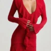 Robe Jolessa en maille pointelle à volants, rouge écarlate Robe Jolessa en maille pointelle à volants, rouge écarlate