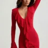 Robe Jolessa en maille pointelle à volants, rouge écarlate Robe Jolessa en maille pointelle à volants, rouge écarlate