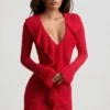 Robe Jolessa en maille pointelle à volants, rouge écarlate Robe Jolessa en maille pointelle à volants, rouge écarlate